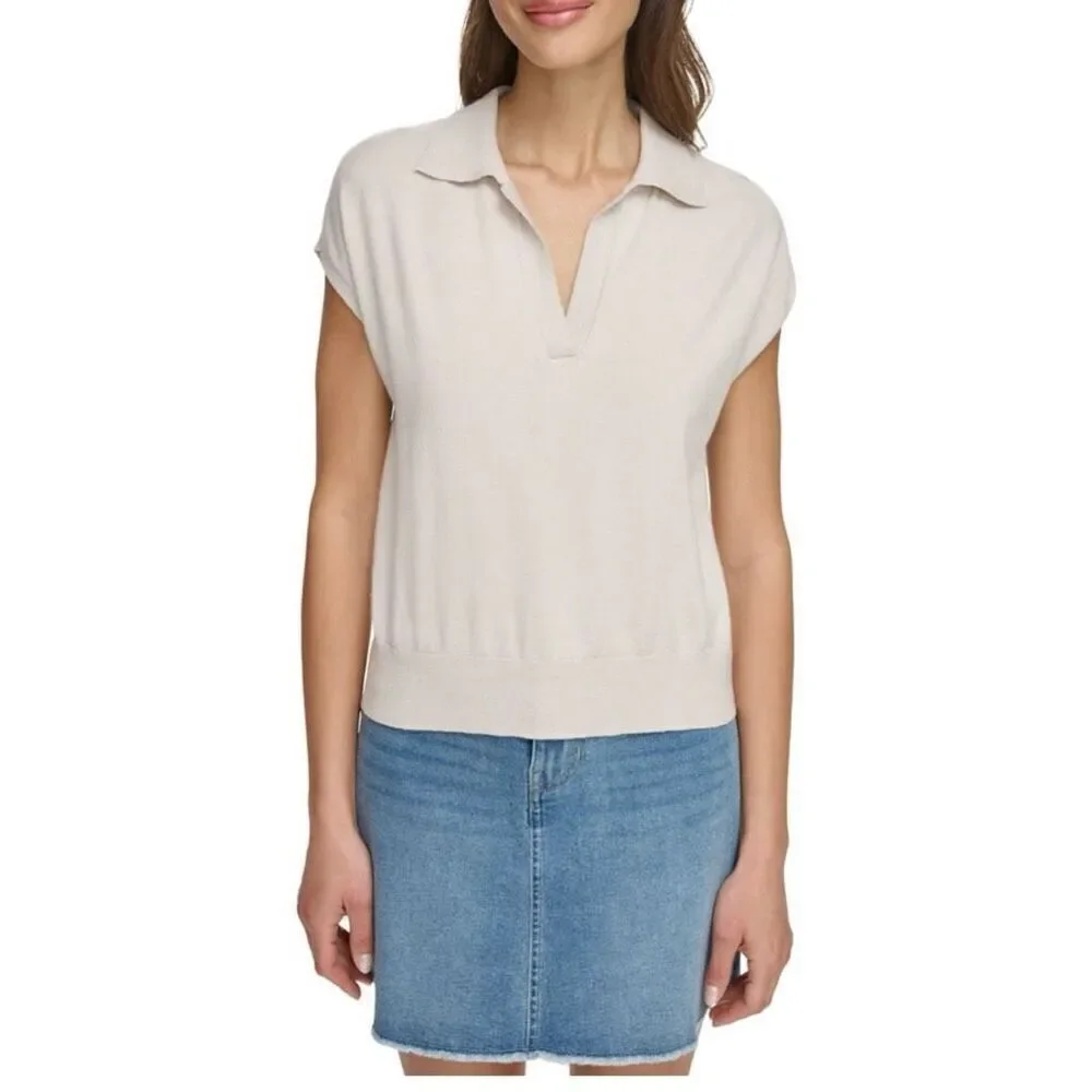 NWT Womens DKNY Split Neck Eggshell Cap Sleeve  Collared Sweater Top - Sz XL
